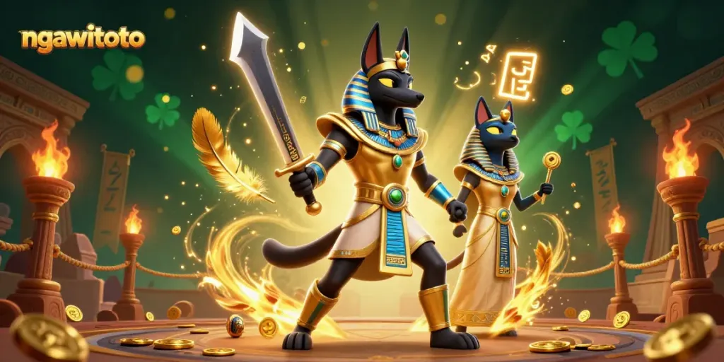 Experience the excitement of gambling with ngawitoto featuring Anubis and Bastet in a vibrant arena scene.