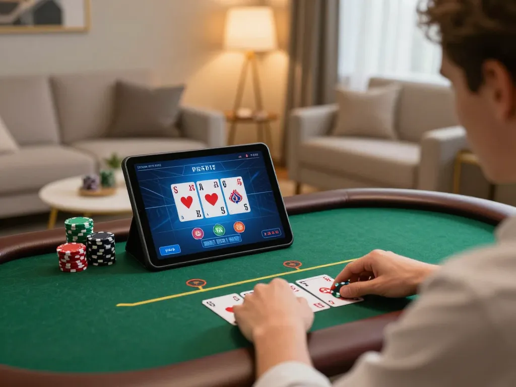 3win actor enjoys a thrilling online poker game on a tablet in a stylish home setting.