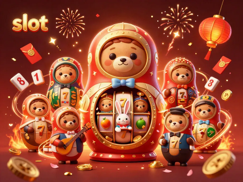 Experience thrilling slot action with animated casino characters in a vibrant, festive scene.