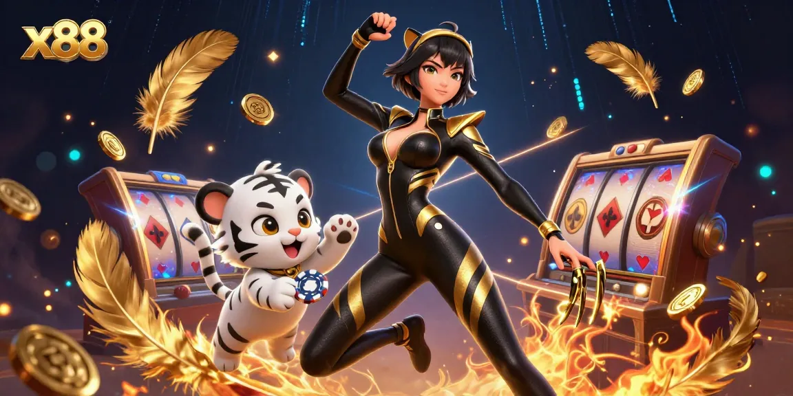 x88 engages players with a thrilling poker environment, showcasing a catwoman and a playful tiger.