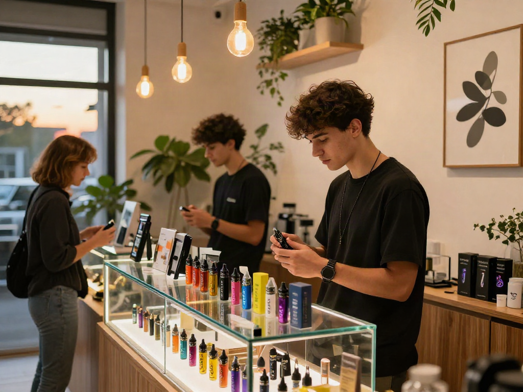 Exploring Muha Med vape products in a modern urban shop with warm lighting.