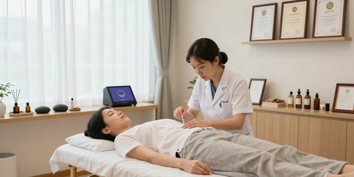 Experience expert healing at 영통한의원 with soothing acupuncture treatment in a tranquil therapy room.