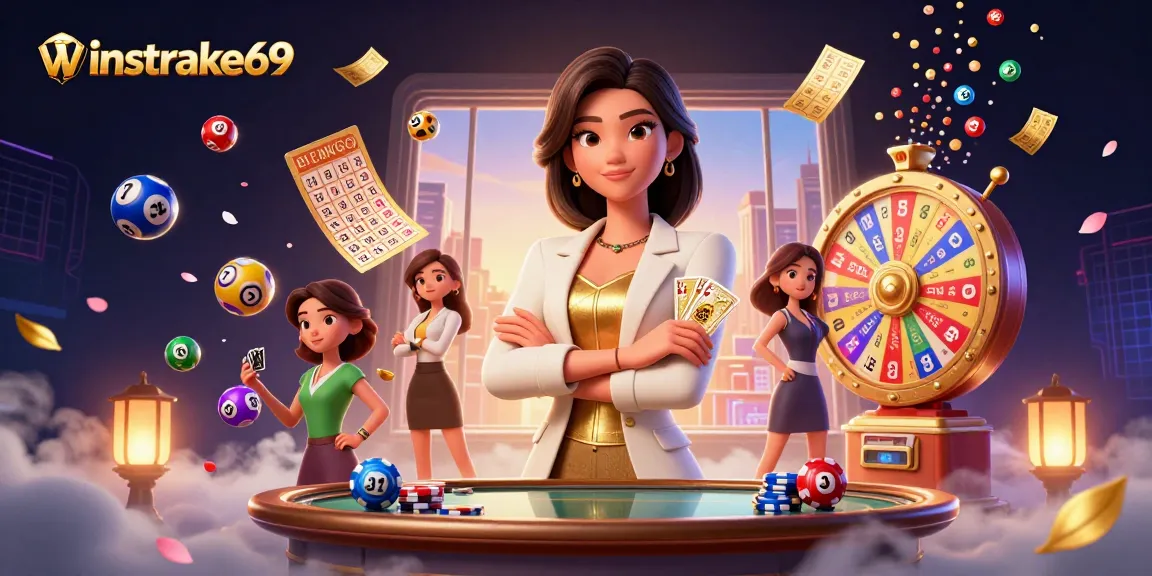 Experience the thrill at winstrike69 with an elegant Asian businesswoman showcasing a golden deck of cards.