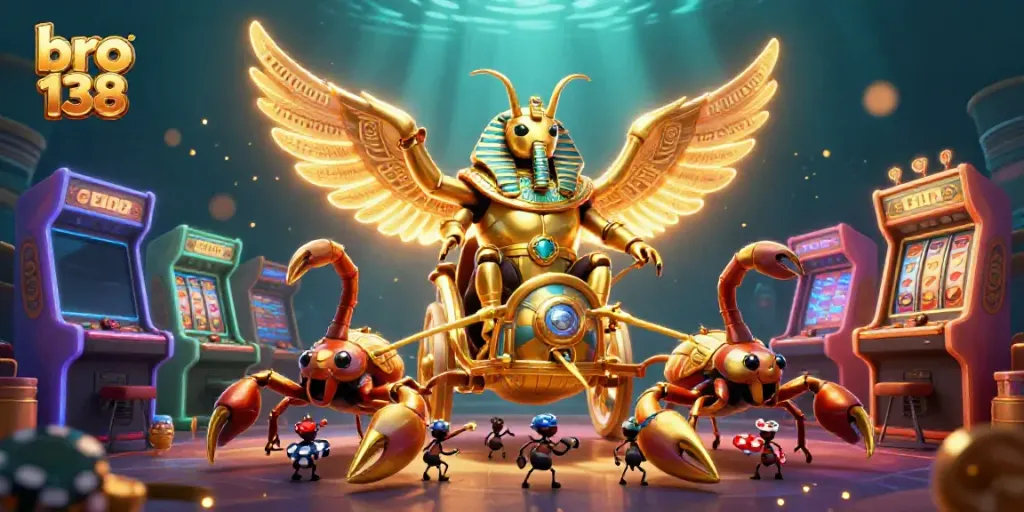 Experience thrilling games at bro 138 with the colossal scarab beetle in a vibrant gaming scene.