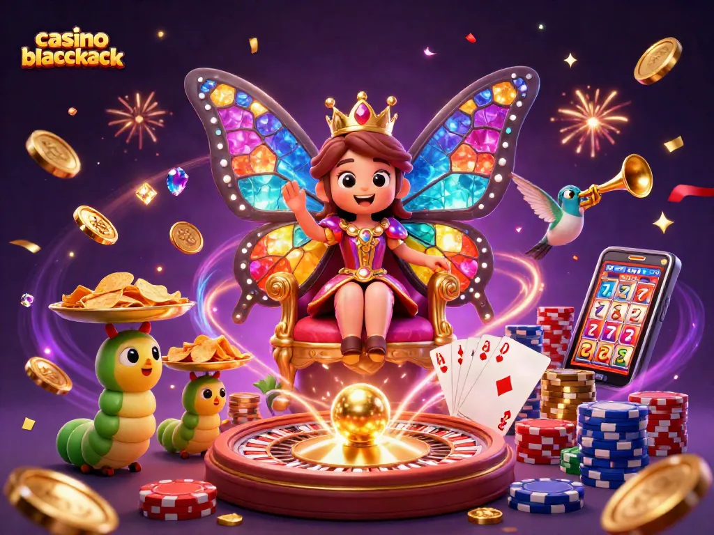Juega casino blackjack mientras disfrutas de una escena vibrante con temática de casino en un entorno mágico.