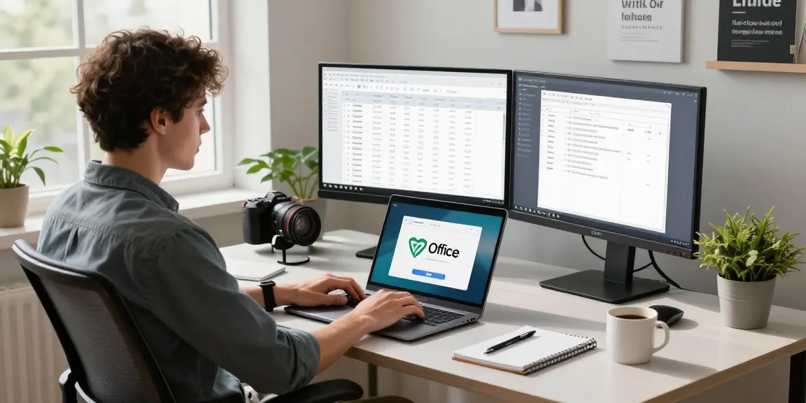 Download WPS Office in a productive home office workspace with laptop and dual monitors
