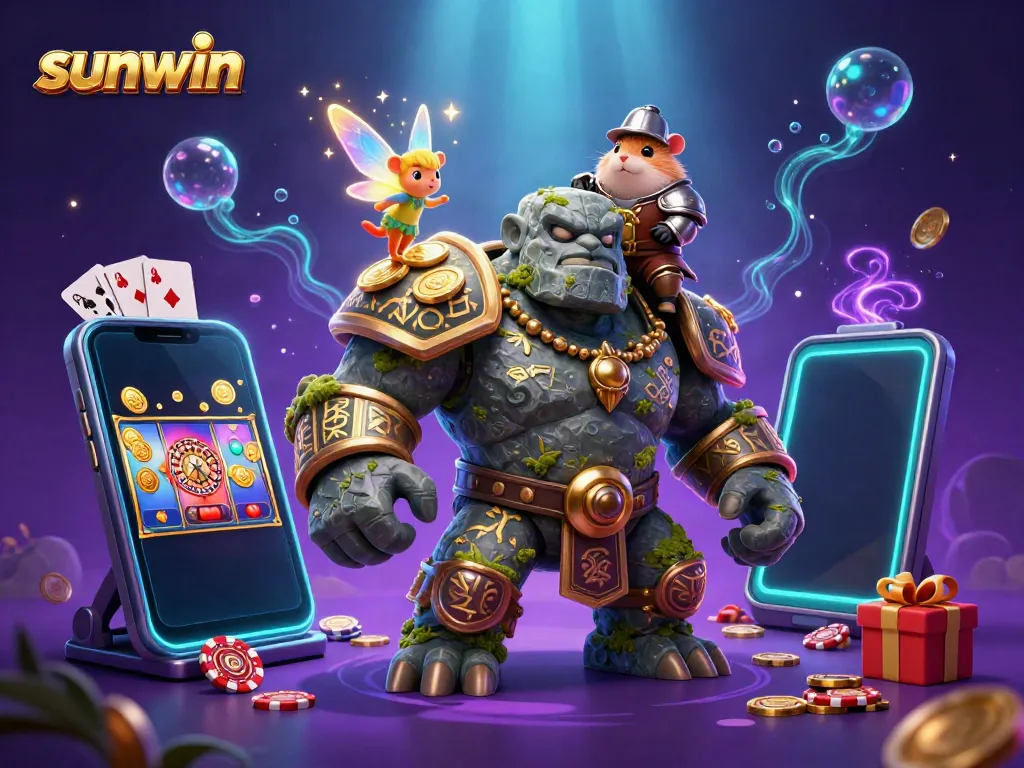 Engage with the exciting adventures at sunwin, featuring a guardian golem, a fairy, and a hamster knight amidst vibrant casino elements.
