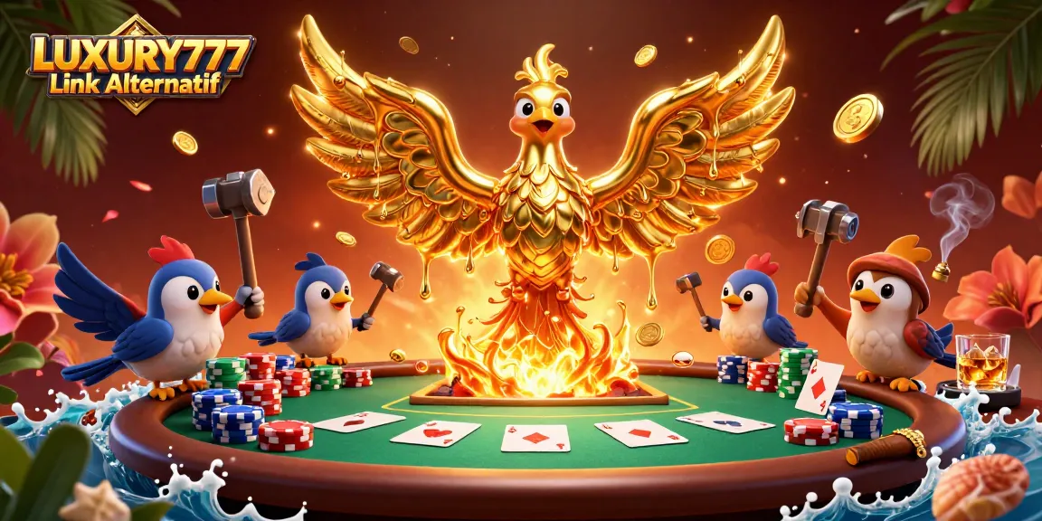 Ilustrasi 3D LUXURY777 Link Alternatif menunjukkan phoenix emas dengan elemen kasino.