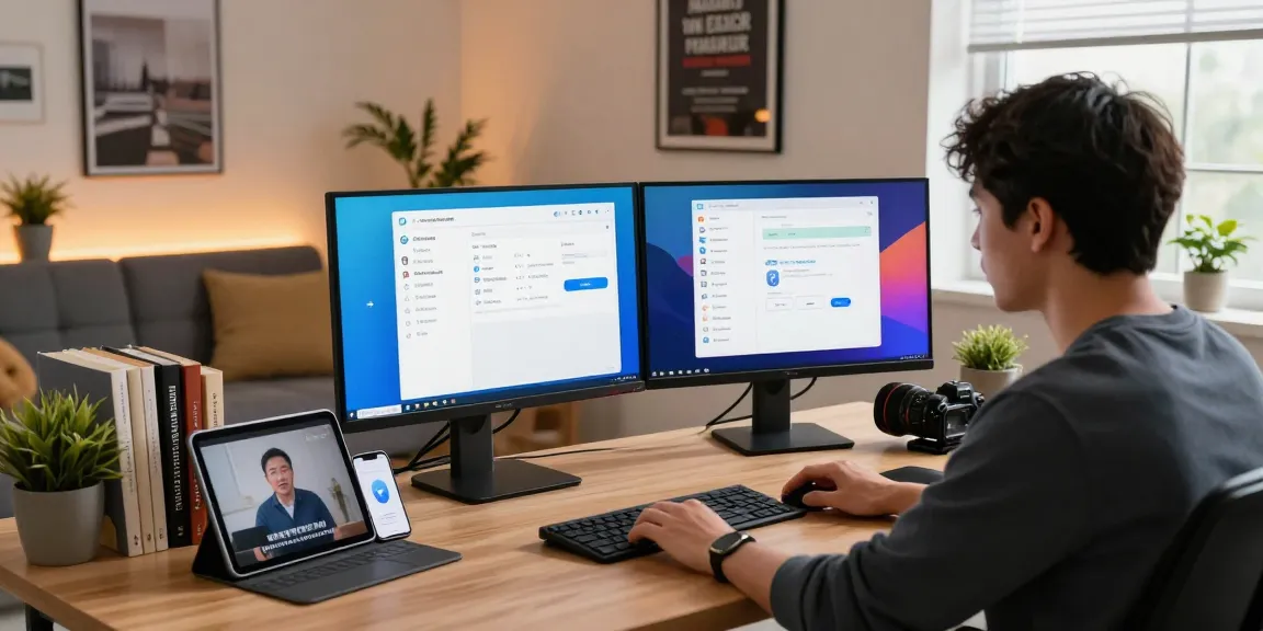 Customizing telegram中文版 interface on desktop in a modern workspace with vibrant elements.