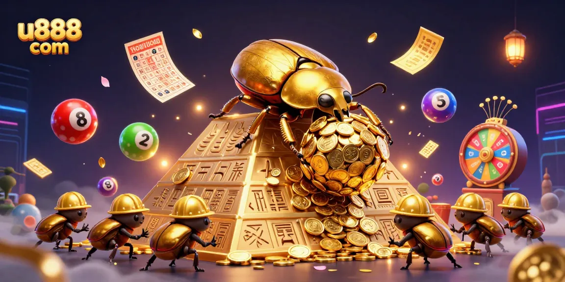 Place your bets with u888 com as golden nuggets and vibrant lottery balls create an energetic casino atmosphere.