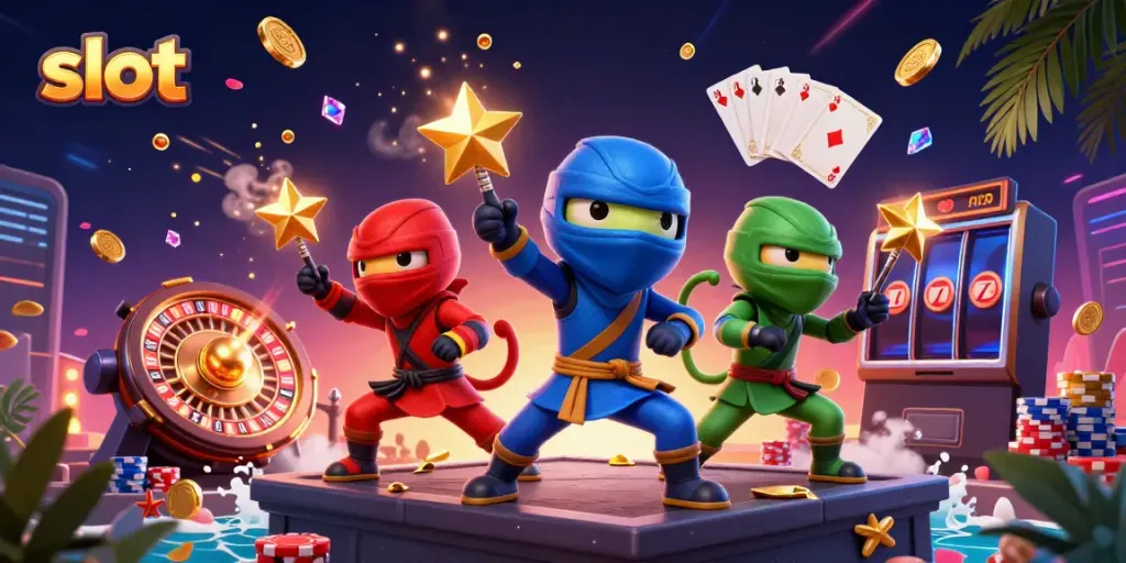 Experience the thrill of slot action with dynamic ninja chameleons in an exciting casino scene.