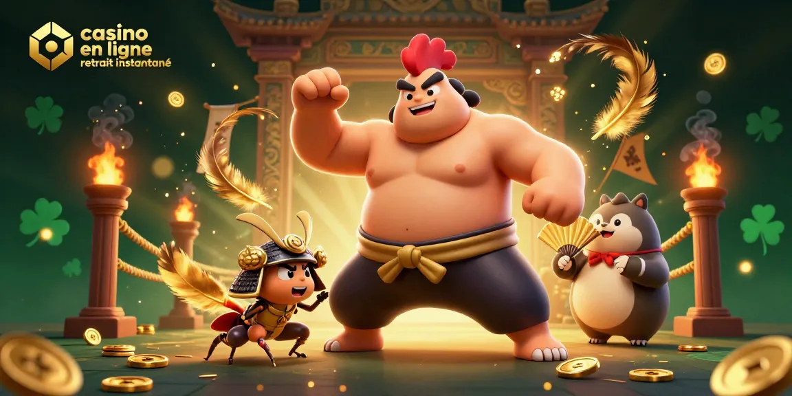 Visualisez une scène dynamique avec un casino en ligne retrait instantané où un coq sumo, un criquet samouraï et un tanuki annoncent ensemble.