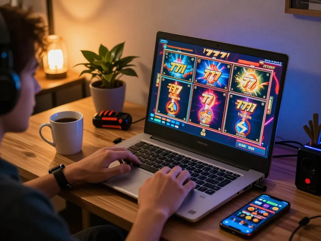Engaging gameplay on slot 777 displayed on a laptop screen in a modern home setting.