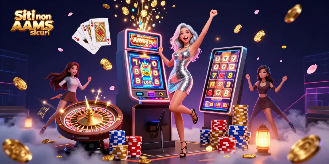Festeggia grandi vincite presso Siti non AAMS sicuri con una donna asiatica felice accanto a una macchina da gioco jackpot.