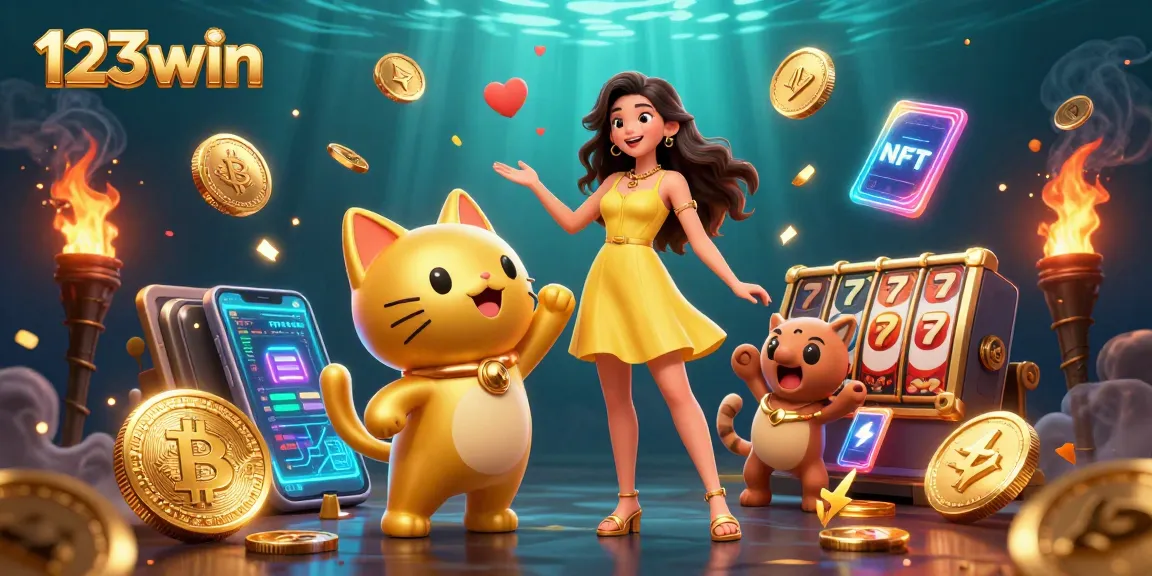 Experience the vibrant energy of 123win with exciting slots and a joyful mascot in a dynamic scene.