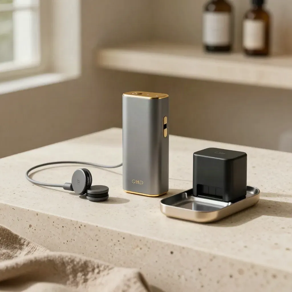CBD starter kit on travertine with tray, charger, pod and cable in soft daylight.