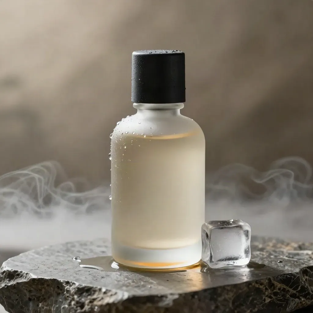 Macro blueberry e-liquid bottle with cap, ice cube, droplets and vapor on brushed stone.