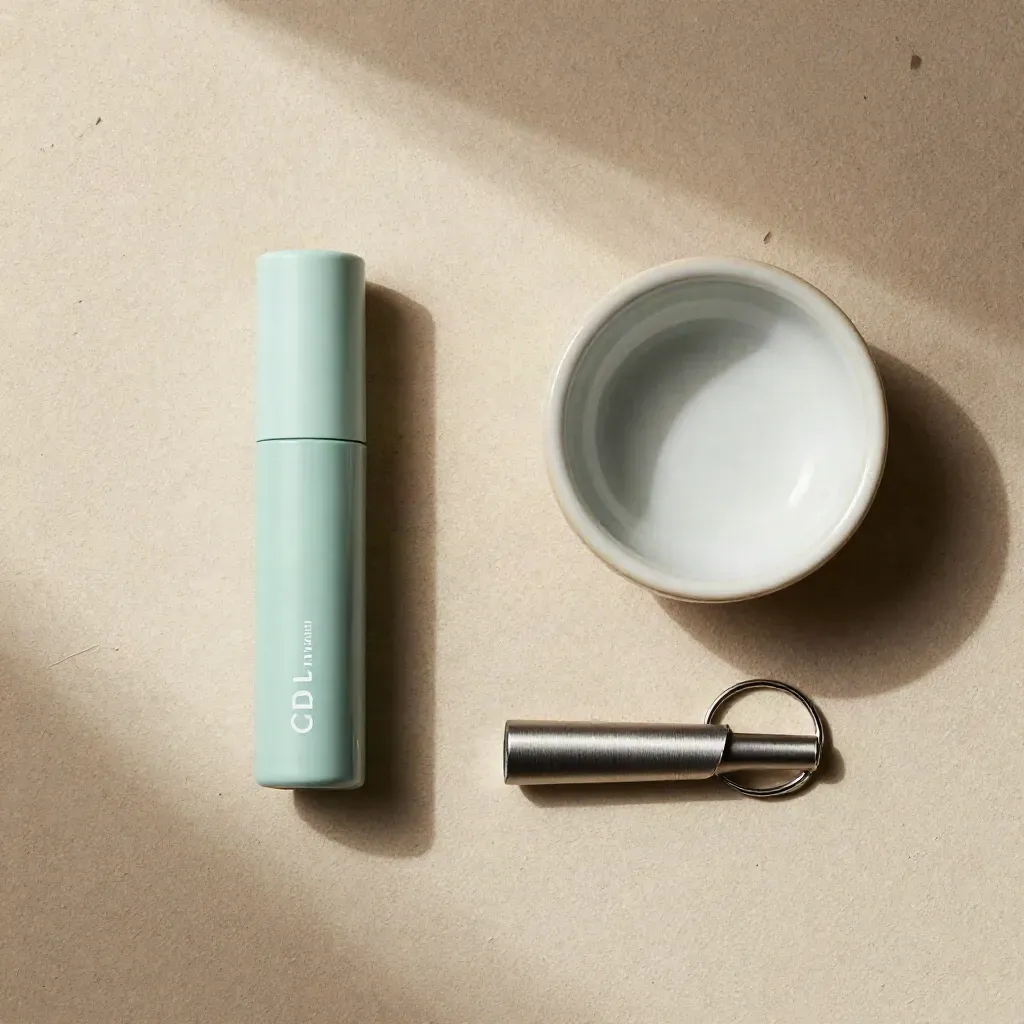 Top-down flatlay of a mint cartridge, ceramic dish and filler tool on pale plaster.