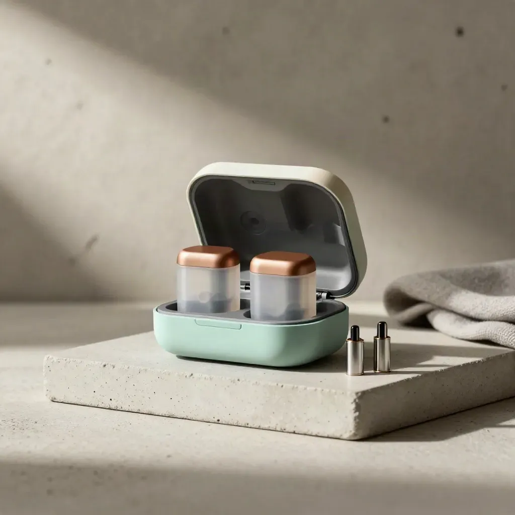 Open dual-pod CBD starter kit with pods, charger and coils on pale concrete, softly lit.