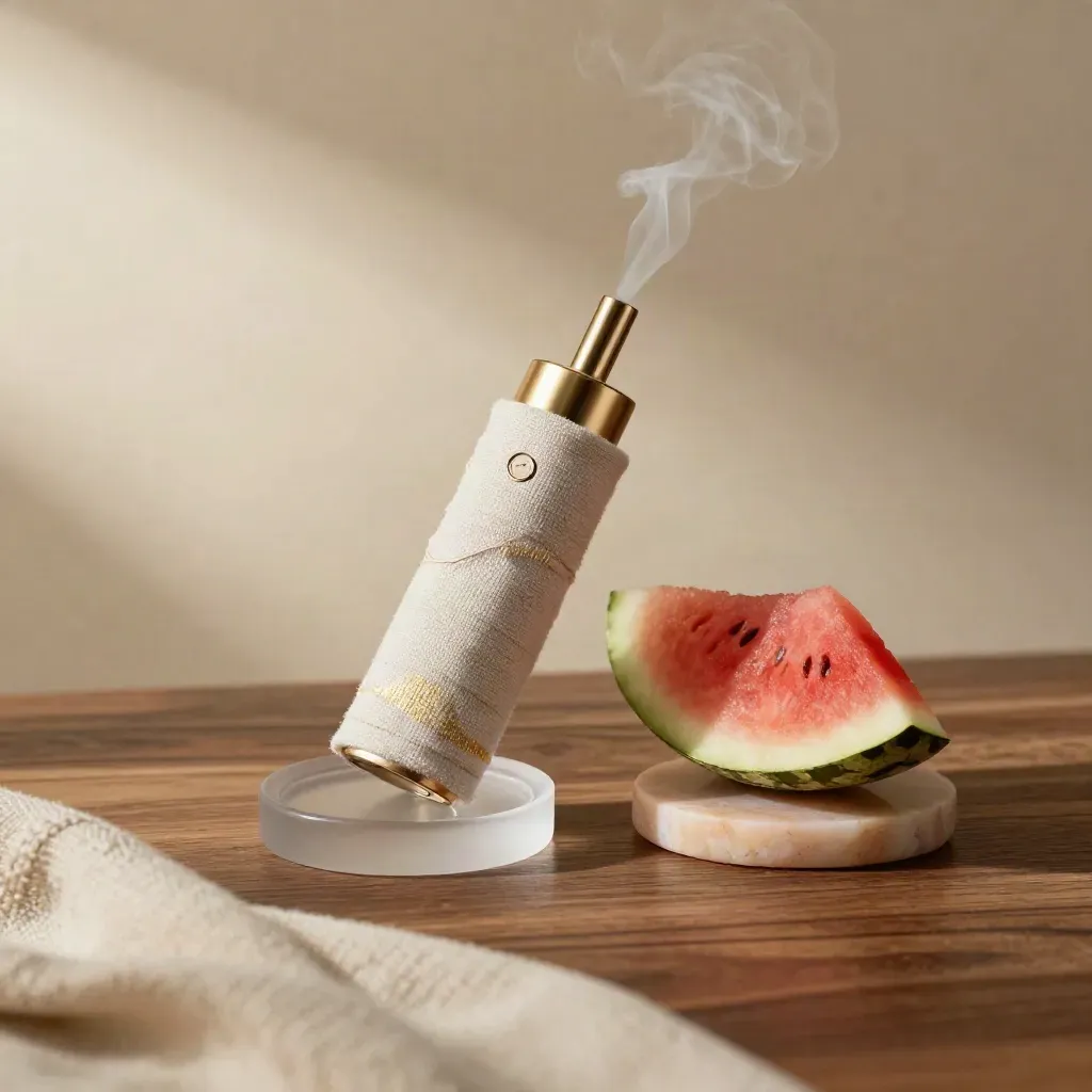 Watermelon chill disposable puff by glass and melon stone on pale linen with cool mist.