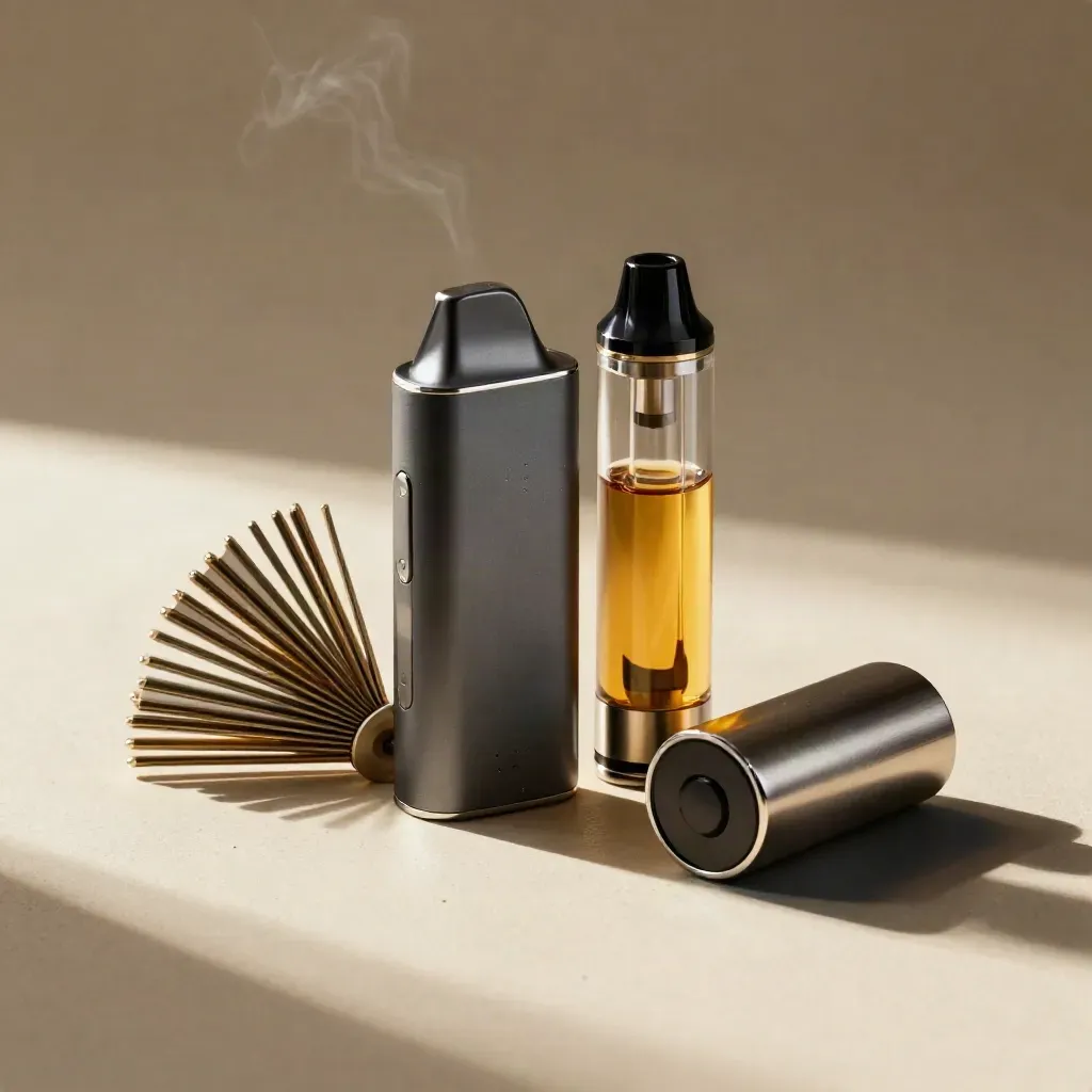 CBD vape device, cartridge, coil set, and charger arranged in a dramatic premium bundle