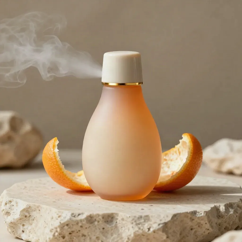 Orange-cream disposable puff on travertine with citrus peels and soft vapor in studio light.