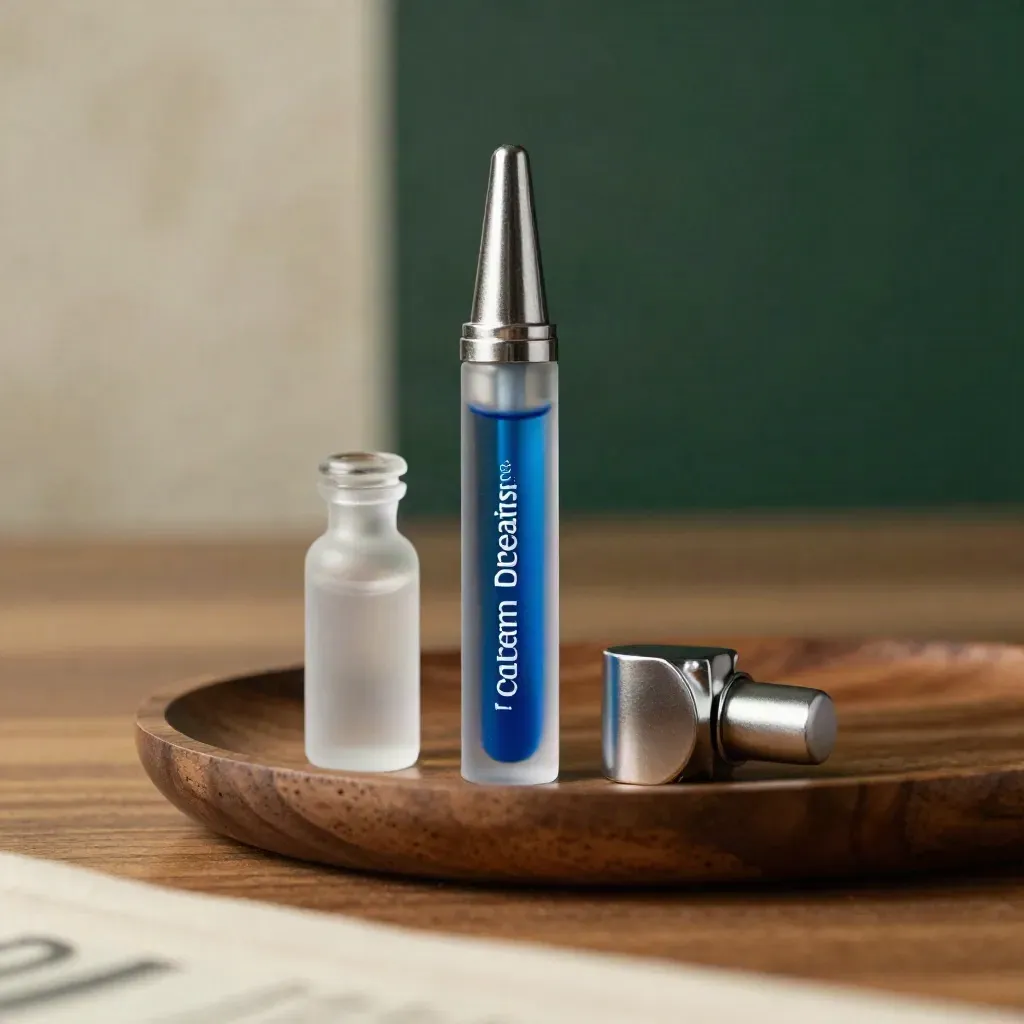 Blue-dream CBD cartridge beside frosted vial and metal collar on walnut with cool haze