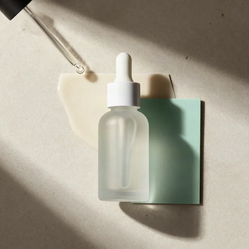 Overhead e-liquid bottle, cap, droplet trail and blurred pipette on pale stone with soft mint accents.