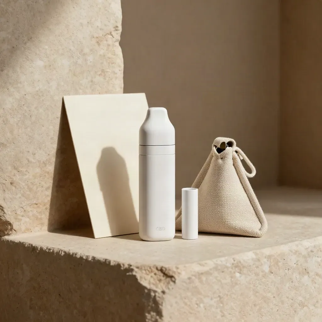 Mini CBD starter kit with device, pod, charger coil and sleeve on plaster, low heroic studio light.