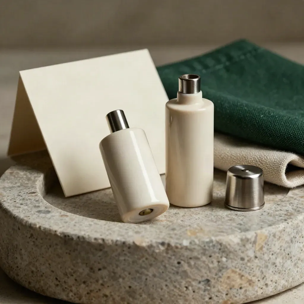 Two ceramic vape coils in stone with metal cap and linen cloth
