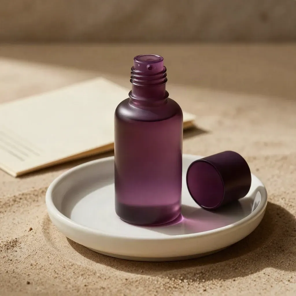 Macro of an unlabelled refill bottle, cap, and ceramic dish on sand-toned plaster.