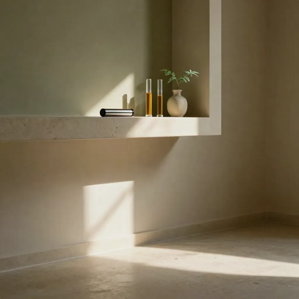 Sunlit plaster alcove with CBD cartridges on a high shelf and calm stone floor below