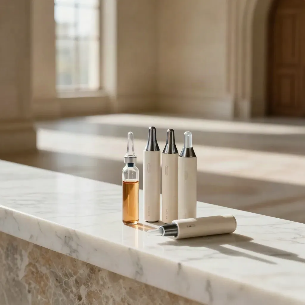 Marble ledge with disposable vape devices beneath bright hazy windows.