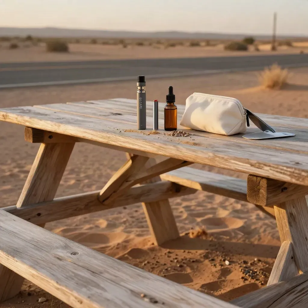 Desert picnic table with CBD starter kit items in golden hour light