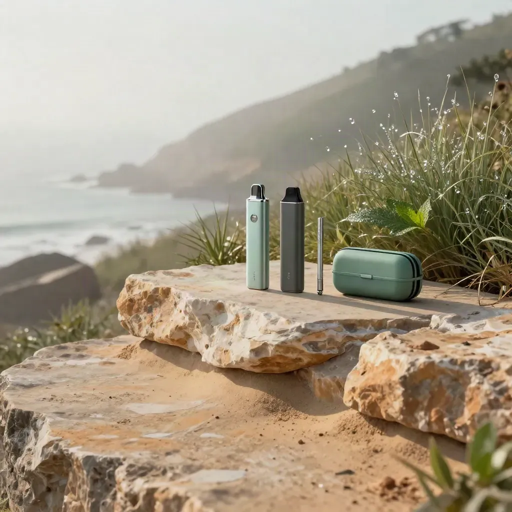CBD vape accessories on a misty sandstone coastal terrace with calm foreground space