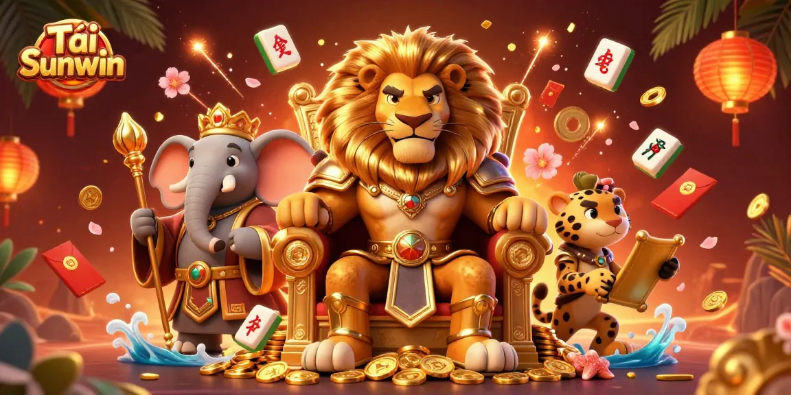 Play Tải Sunwin with fierce lion king and fortune symbols in a vibrant casino scene.