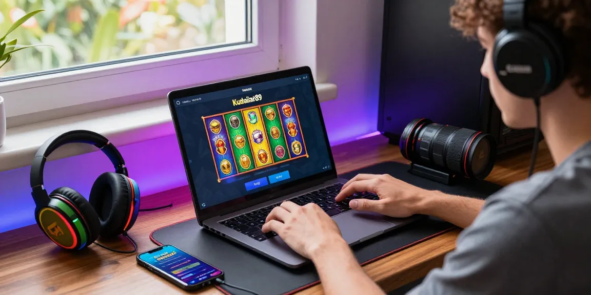 Platform slot online kudaliar89 dengan tampilan menarik, pengguna bermain di laptop dengan headset gaming di lingkungan yang nyaman.