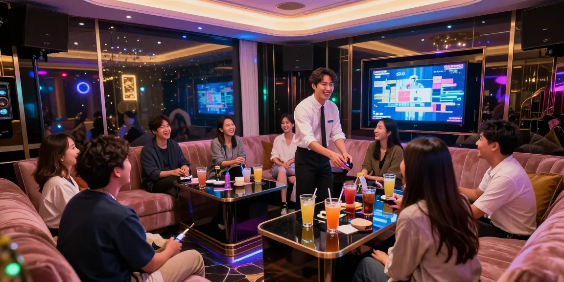 Guests enjoying the lively atmosphere of 강남가라오케 with luxurious decor and engaging managers.