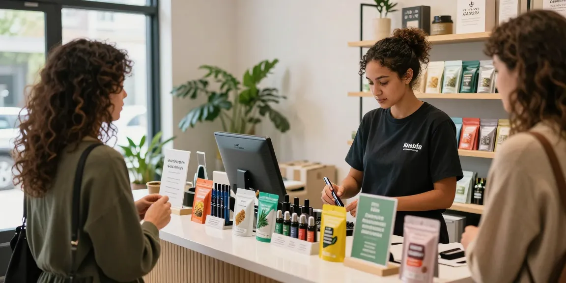 Interaktion zwischen Kunden und Personal über eine Haschplatte im modernen Cannabis-Shop.