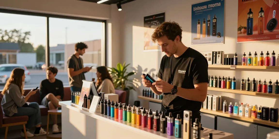 Customer exploring Hayati proma at a vibrant vape shop with e-liquids and kits.
