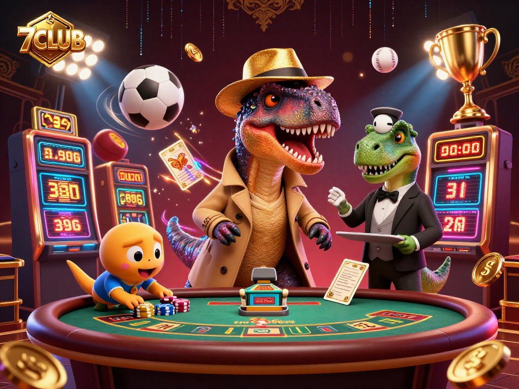 7CLUB showcases a cartoon velociraptor counter at a blackjack table amidst thrilling gaming elements.