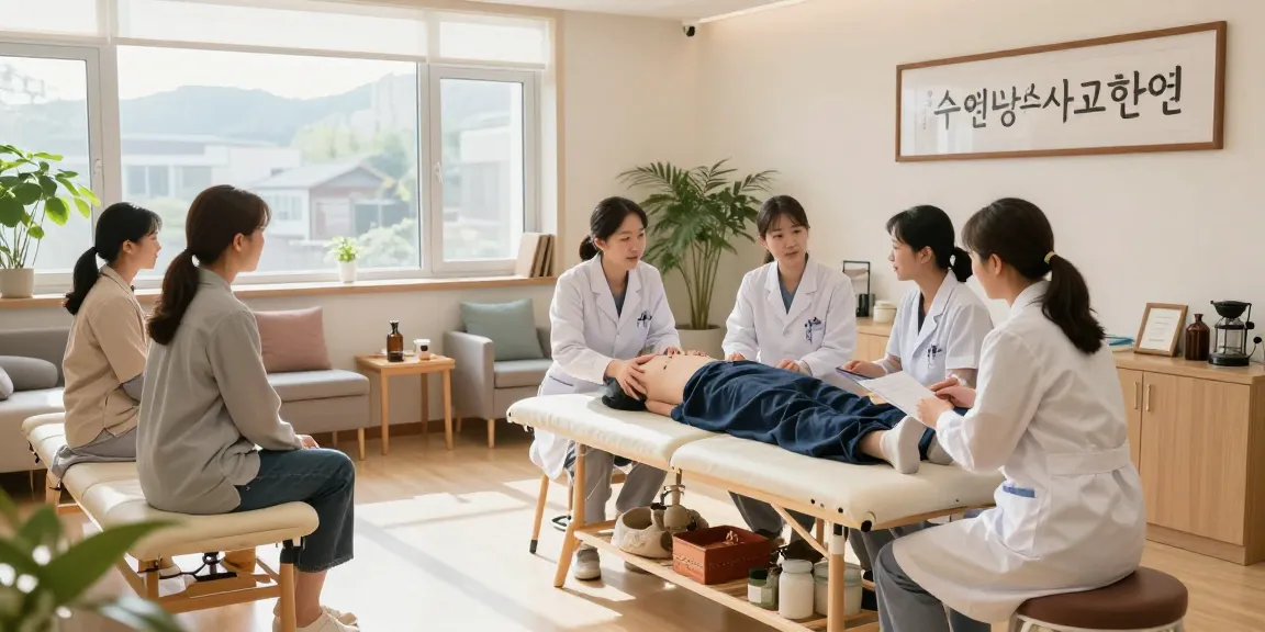 Patients receiving expert care at 수원교통사고한의원 with professional acupuncturists in a healing clinic.