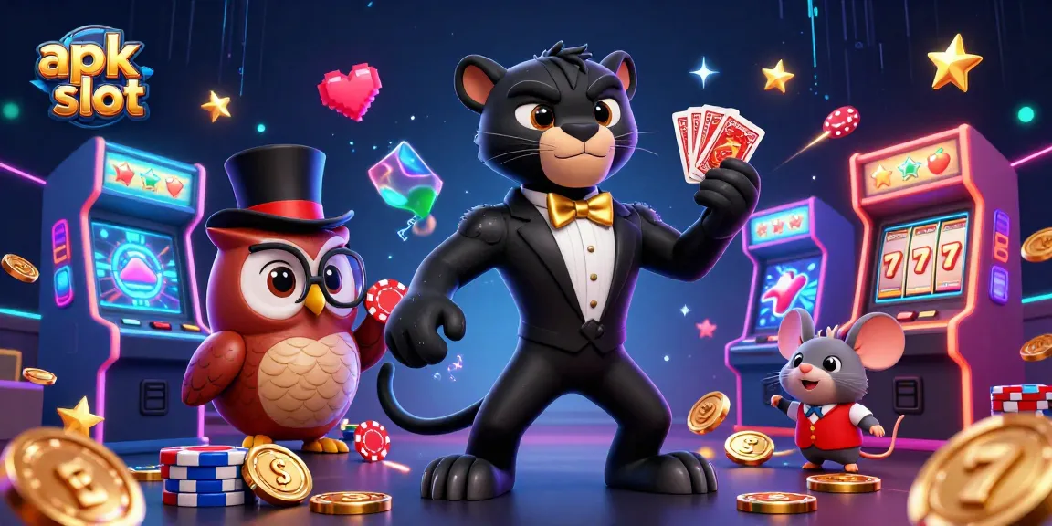 Menghadirkan apk slot dengan karakter kartun 3D panther dan owl, dikelilingi mesin permainan 3D yang penuh warna dan simbol slot.