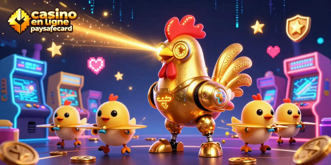 Casino en ligne paysafecard : une illustration dynamique d'un robot poussin entouré de machines à sous