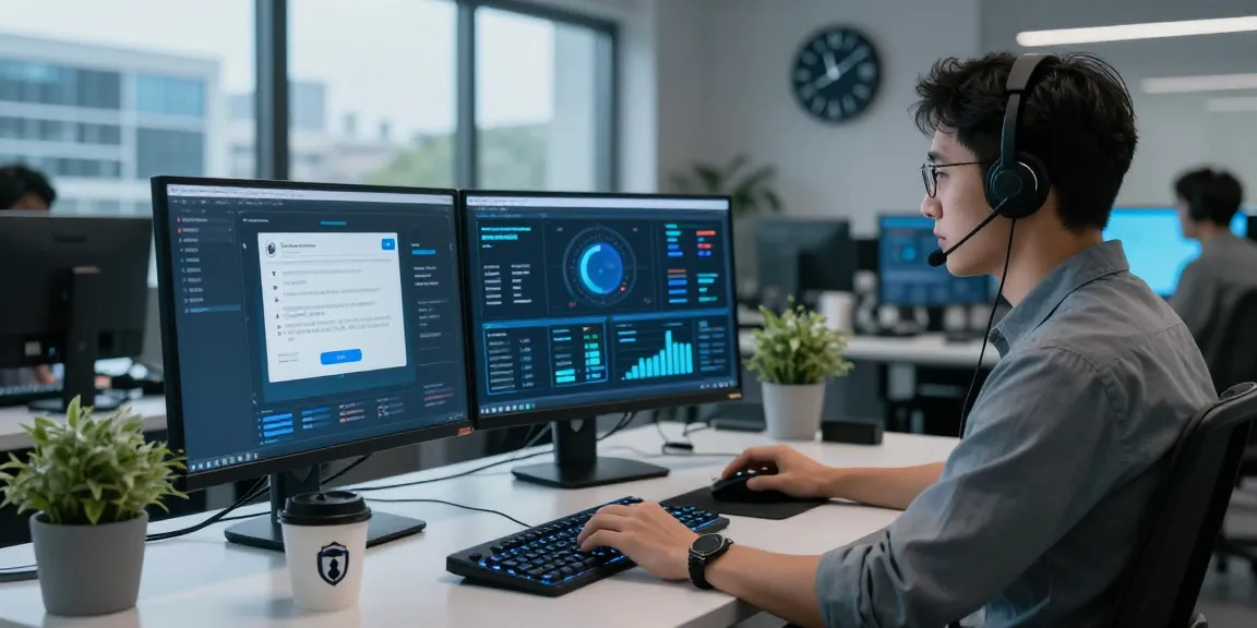 Cybersecurity analyst at high-tech desk monitoring security alerts from https://shs-dome5.com/ with multiple screens.