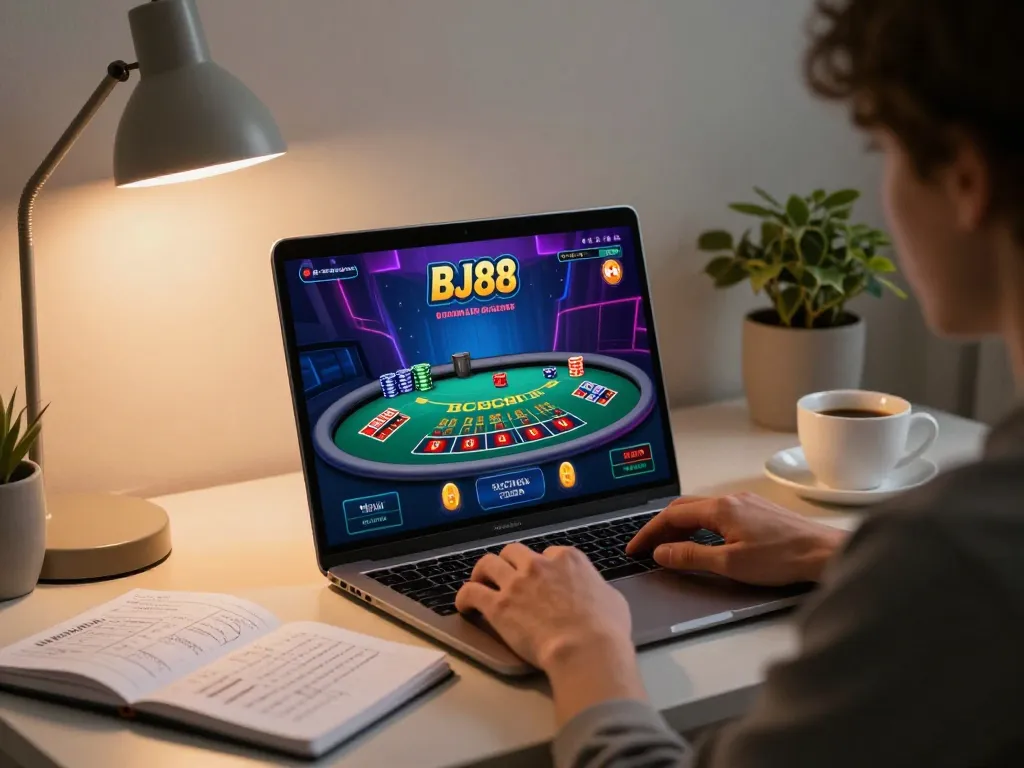 Player engaging with BJ88 online casino blackjack, showcasing live dealer excitement in a cozy home setting.