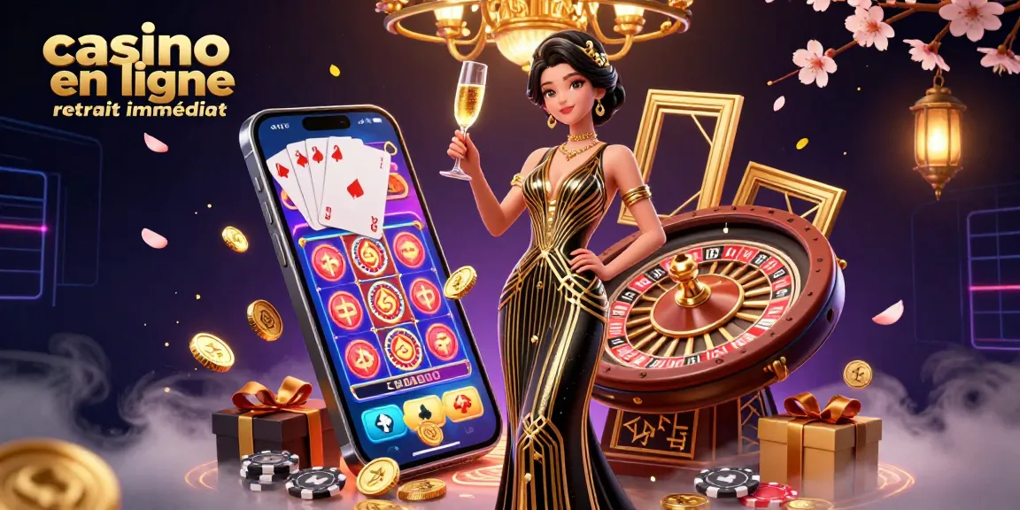 Vivez des gains palpitants au casino en ligne retrait immédiat avec une scène glamour d'excitation de jeu.