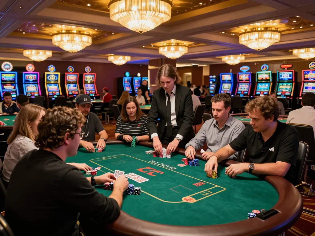 Players at Fly 88 casino enjoying an exciting poker game with cards and chips on the table