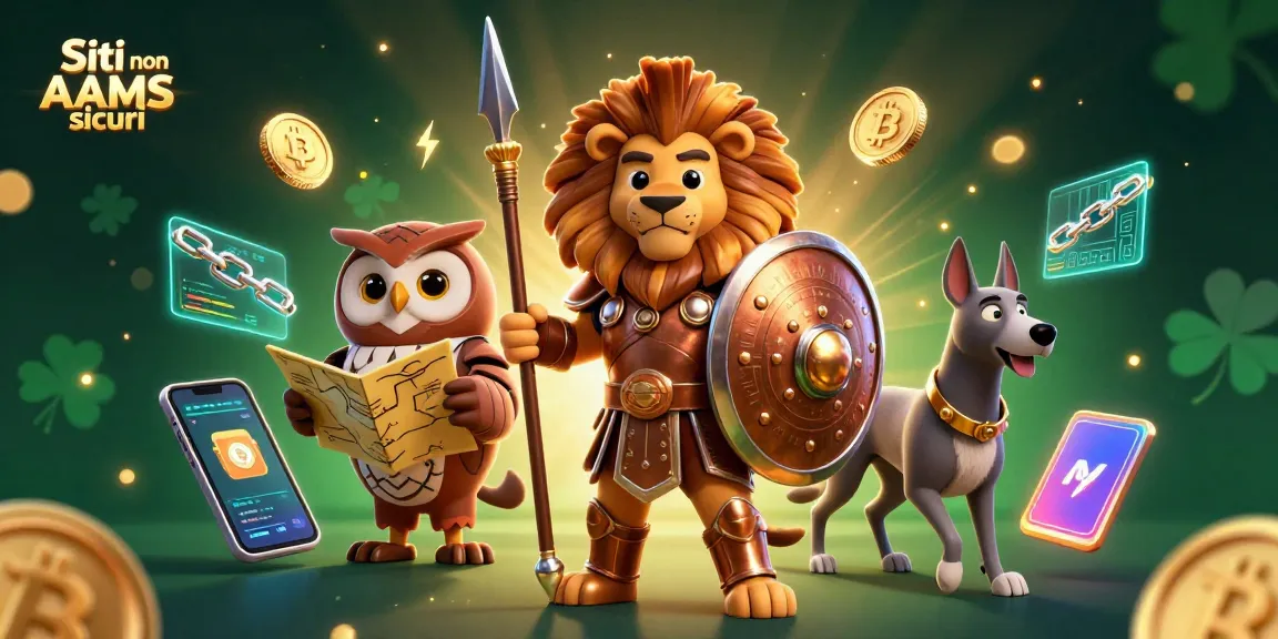 Siti non AAMS sicuri in mostra con guardiano leone, stratega gufo e messaggero levriero tra icone di gioco.