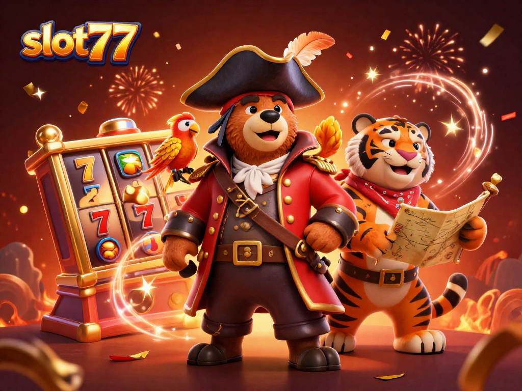 Spin the reels with slot77 and win big in this vibrant casino-themed illustration.